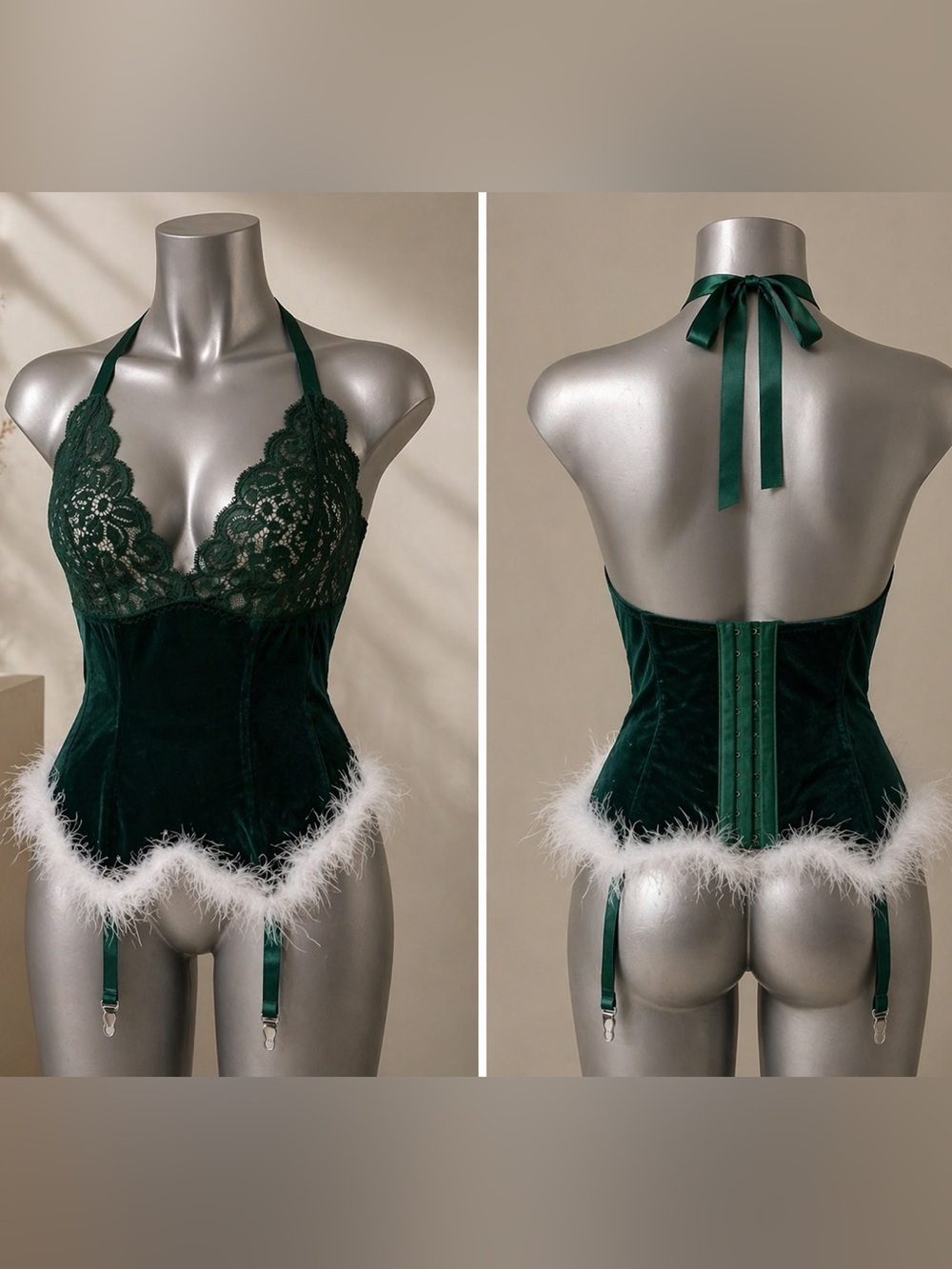 Elegant Green Lace Teddy with Feather Trim